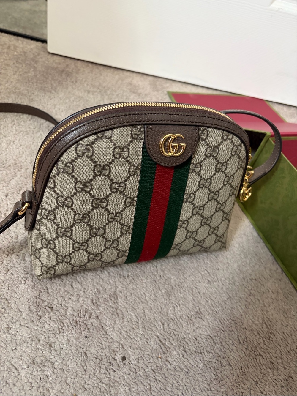 Gucci GG Supreme Crossbody Bag in Beige with Green-Red Stripe